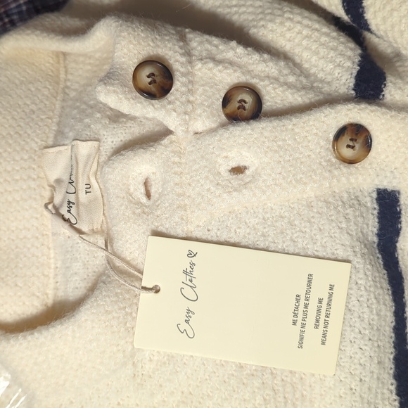 Easy Clothes Sailor Sunny Striped Ecru & Navy  1/2 ButtonUp Sweater NWT Size O/S - Picture 5 of 6